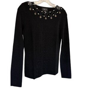 Finity BEADED TOP Cut-Out Neckline Rhinestone Coins BOHO Casual Lightweight Knit